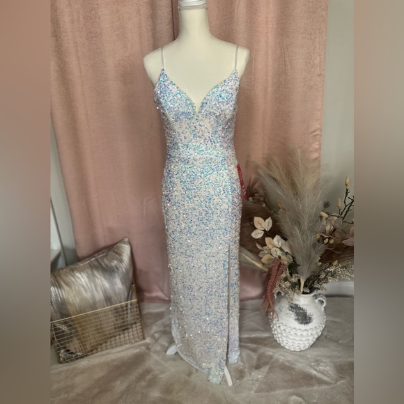 B. SMART Iridescent Sequin White High Slit Formal Dress. - Picture 1 of 4